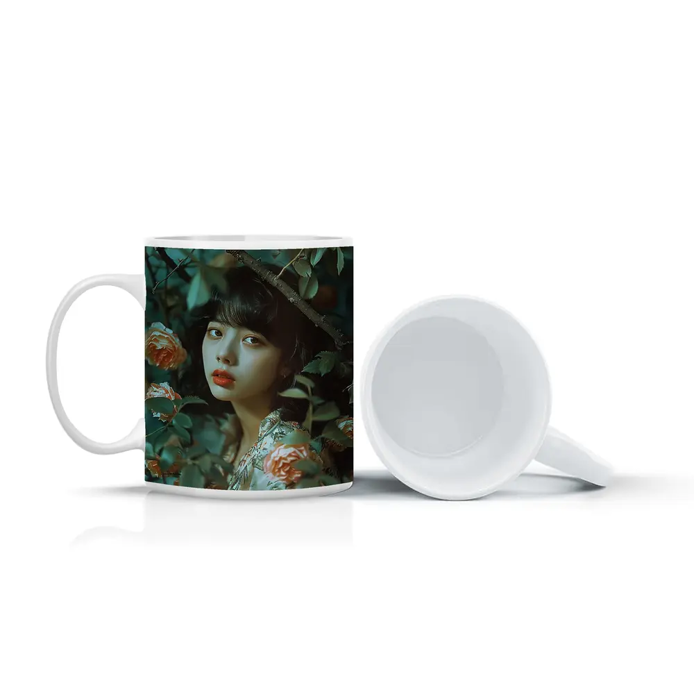 Asian Girl Portrait Among Orange Roses – Mugs
