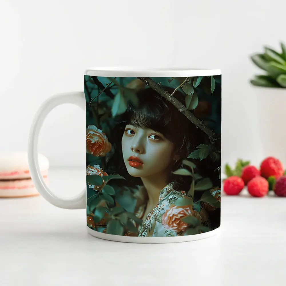 Asian Girl Portrait Among Orange Roses – Mugs