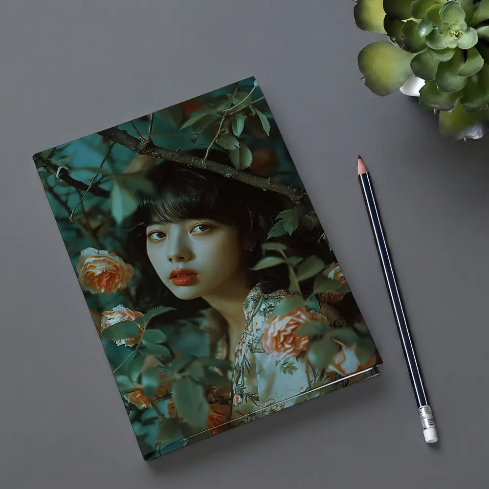 Asian Girl Portrait Among Orange Roses – Notebooks