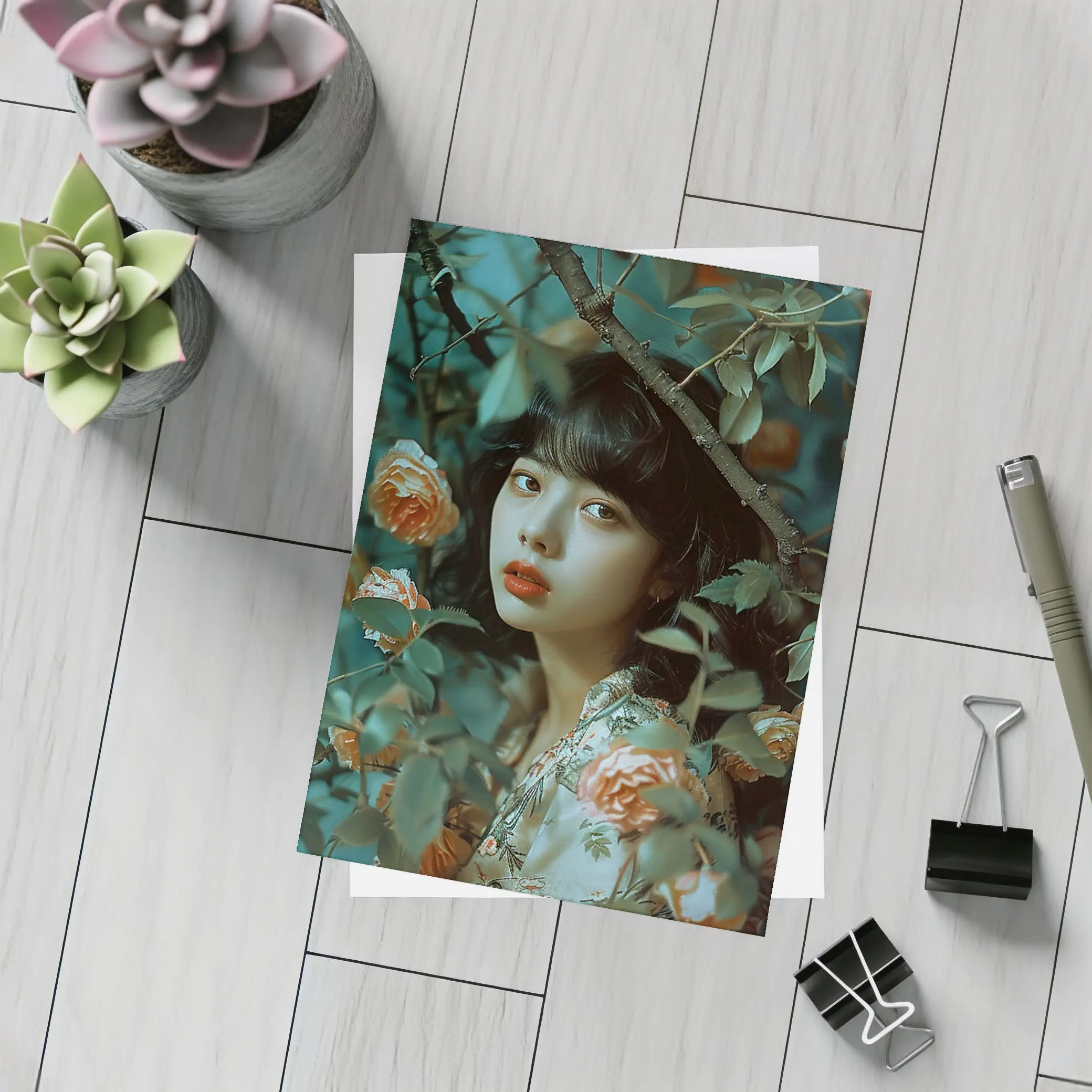 Asian Girl Portrait Among Orange Roses – Postcards