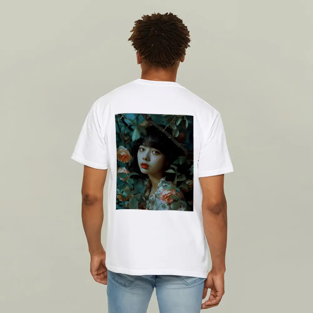 Asian Girl Portrait Among Orange Roses – T-Shirts
