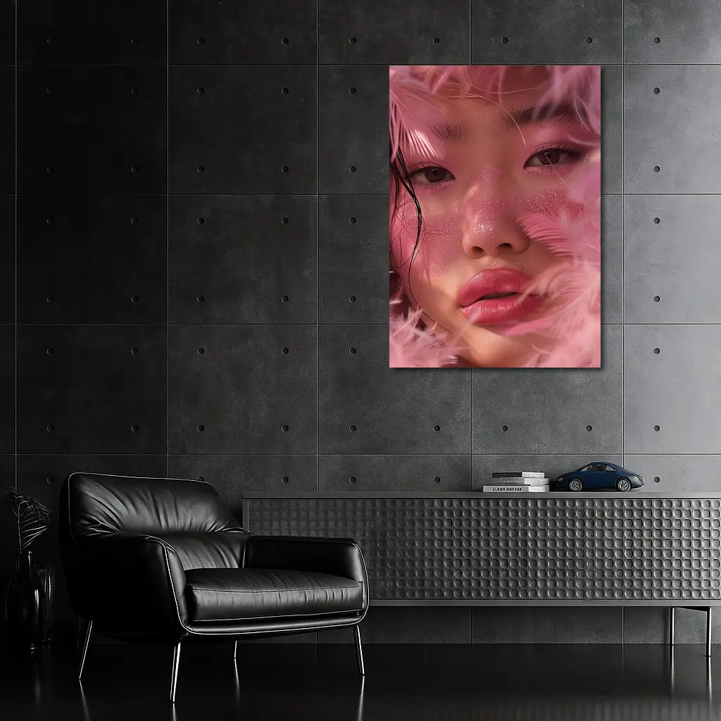 Asian Woman Pink Feathers Glitter Portrait – Wall Art