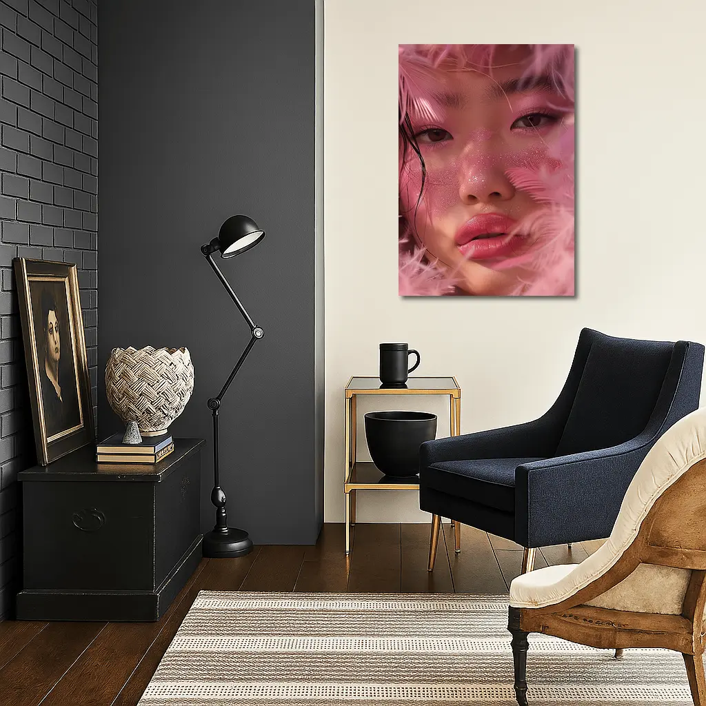 Asian Woman Pink Feathers Glitter Portrait – Wall Art