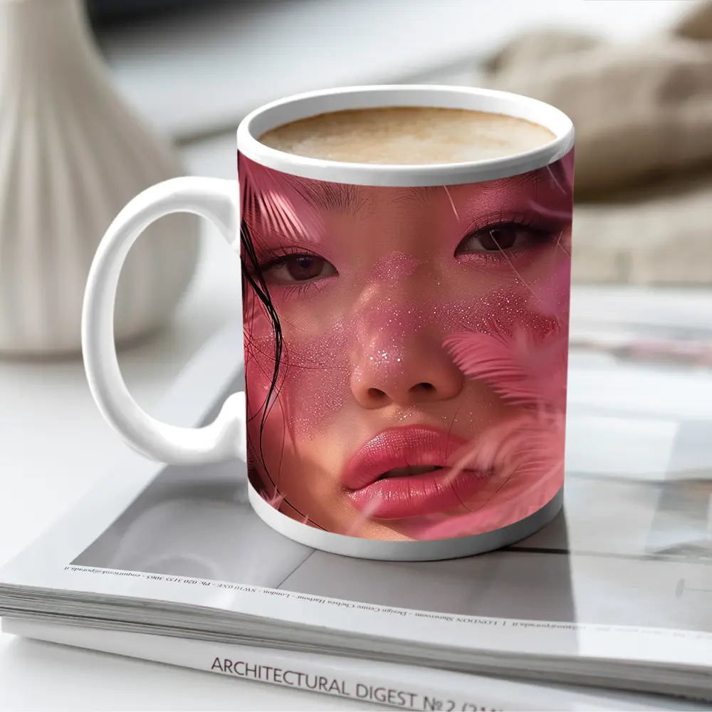 Asian Woman Pink Feathers Glitter Portrait – Mugs