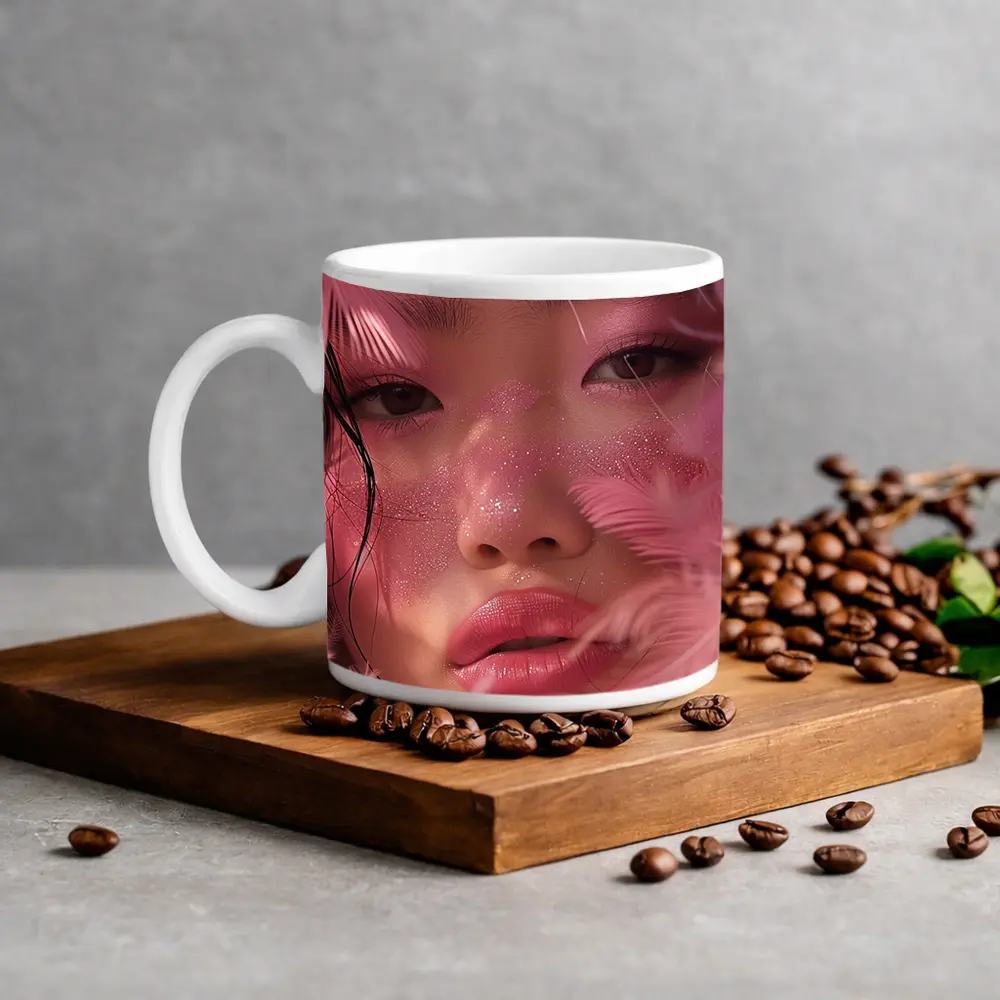 Asian Woman Pink Feathers Glitter Portrait – Mugs