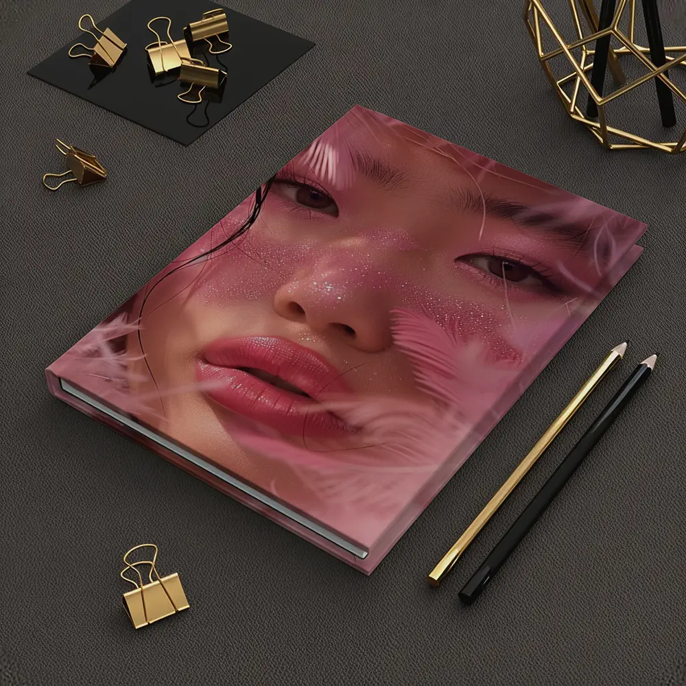 Asian Woman Pink Feathers Glitter Portrait – Notebooks