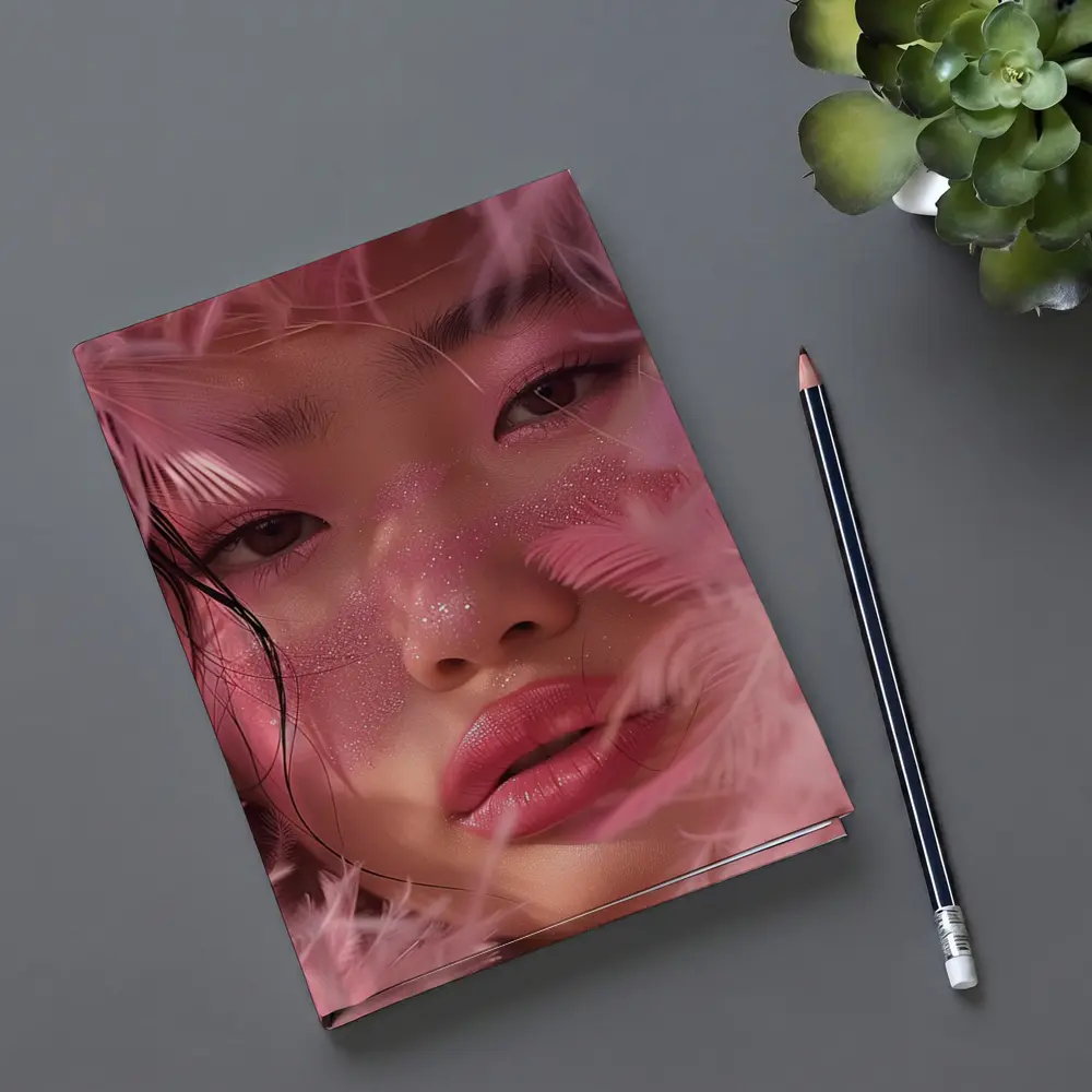 Asian Woman Pink Feathers Glitter Portrait – Notebooks