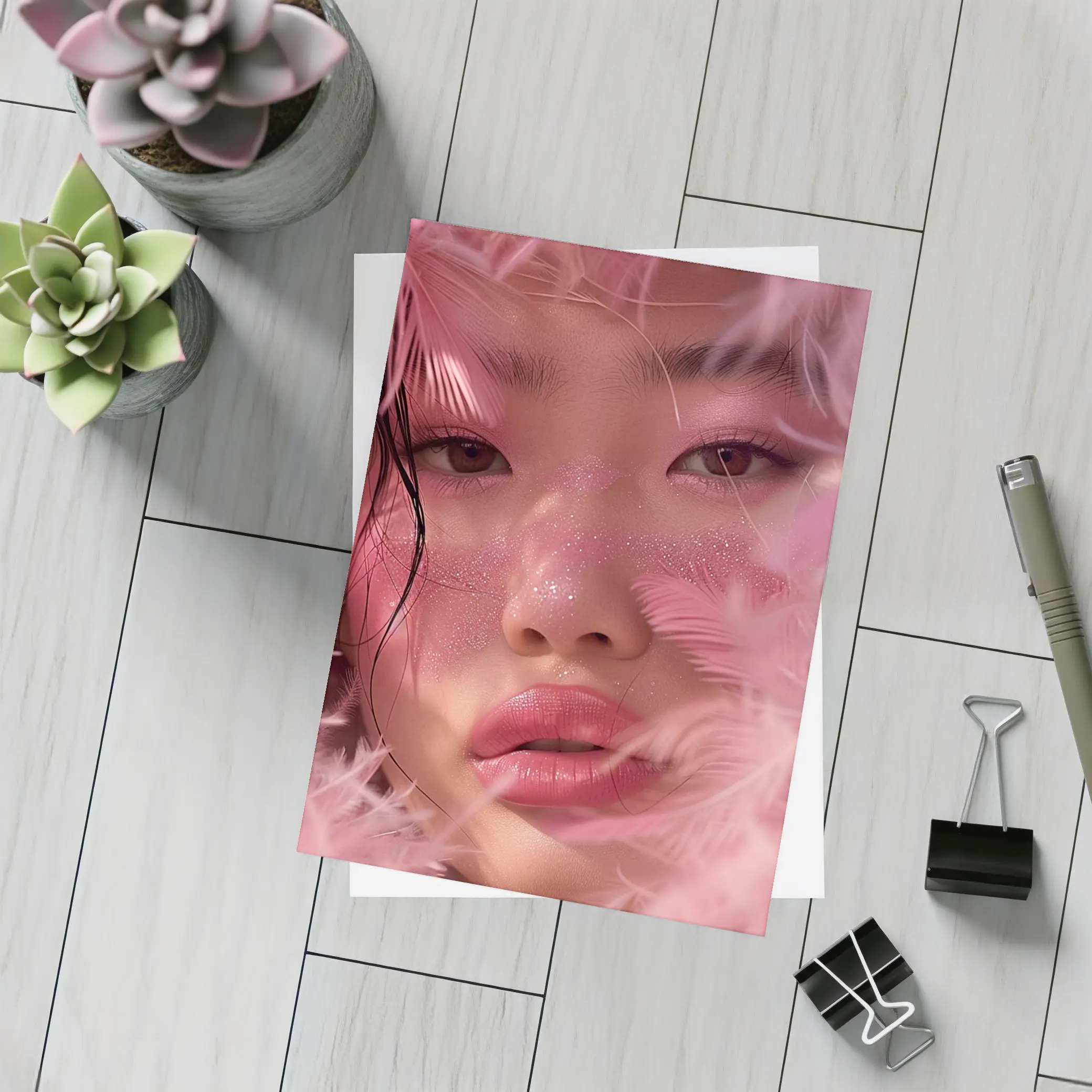 Asian Woman Pink Feathers Glitter Portrait – Postcards