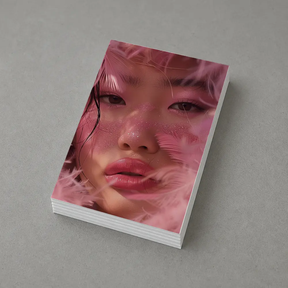 Asian Woman Pink Feathers Glitter Portrait – Postcards