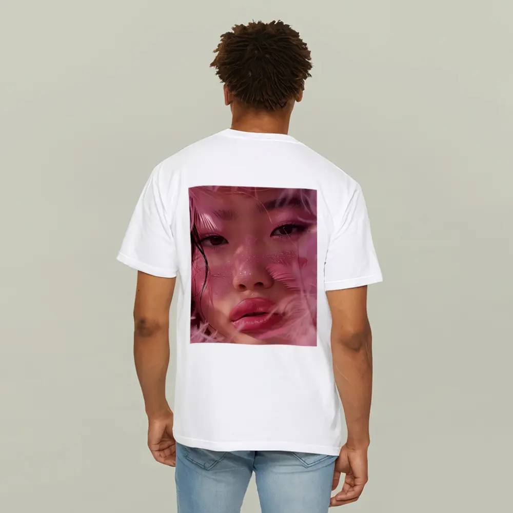 Asian Woman Pink Feathers Glitter Portrait – T-Shirts