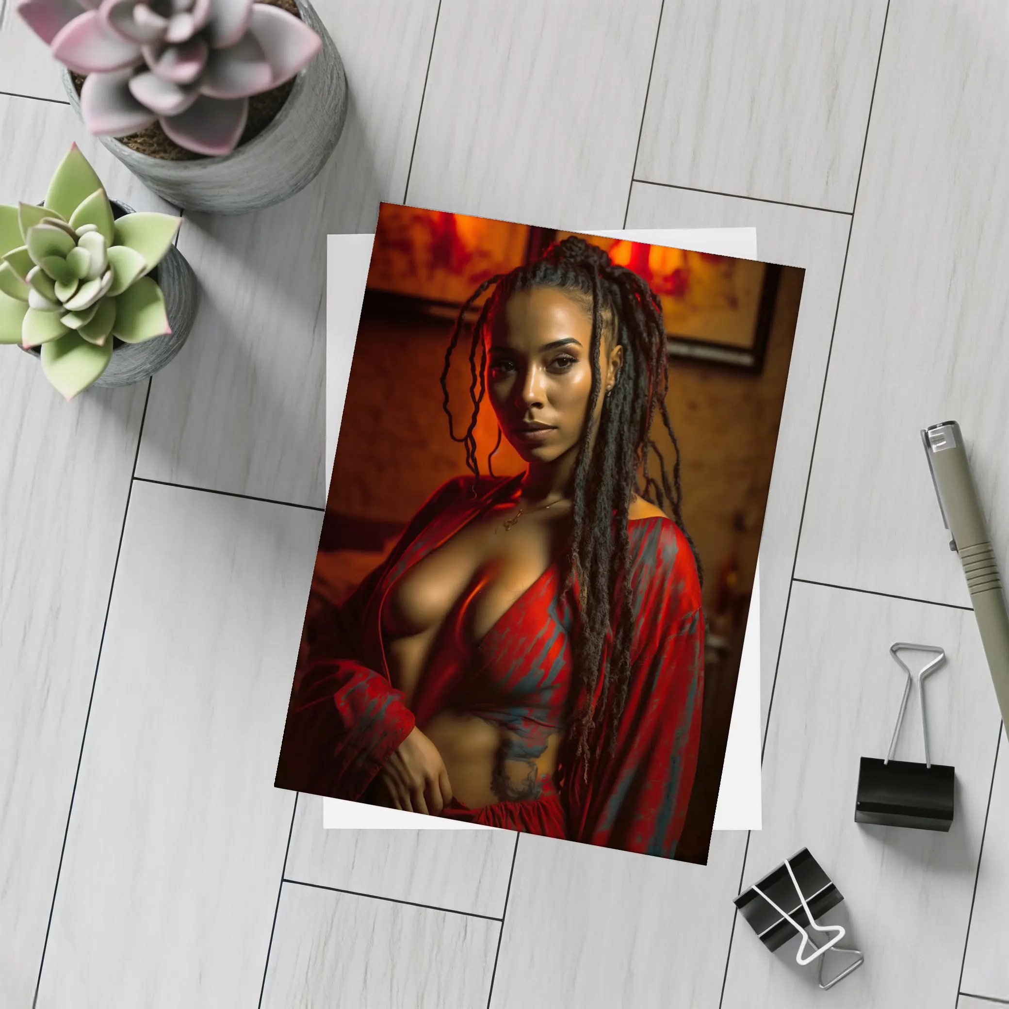 Woman With Dreads Red Moody Interior – Postcards