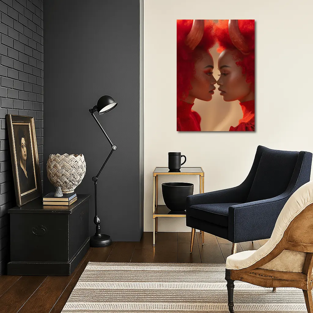 Two Women With Red Horns Facing Close – Wall Art