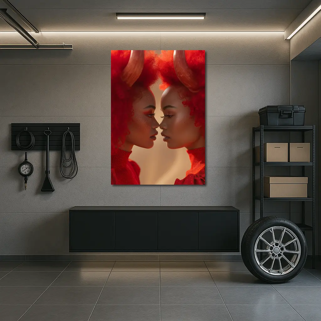 Two Women With Red Horns Facing Close – Wall Art