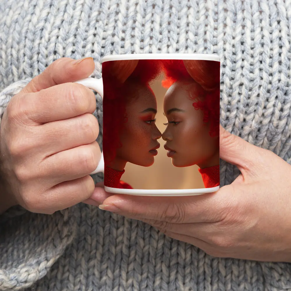 Two Women With Red Horns Facing Close – Mugs