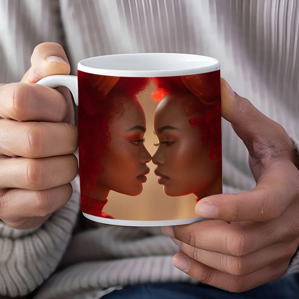 Two Women With Red Horns Facing Close – Mugs