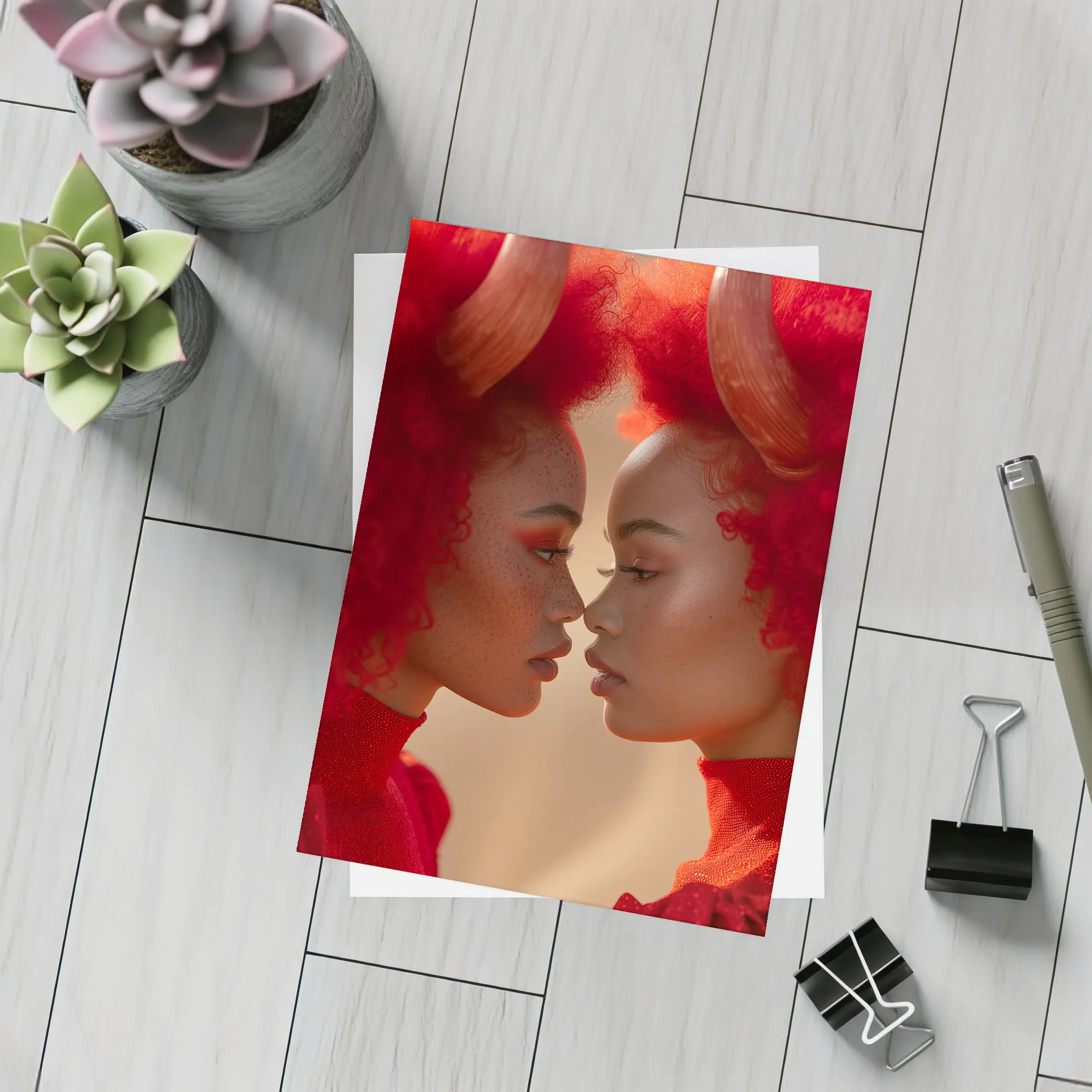 Two Women With Red Horns Facing Close – Postcards