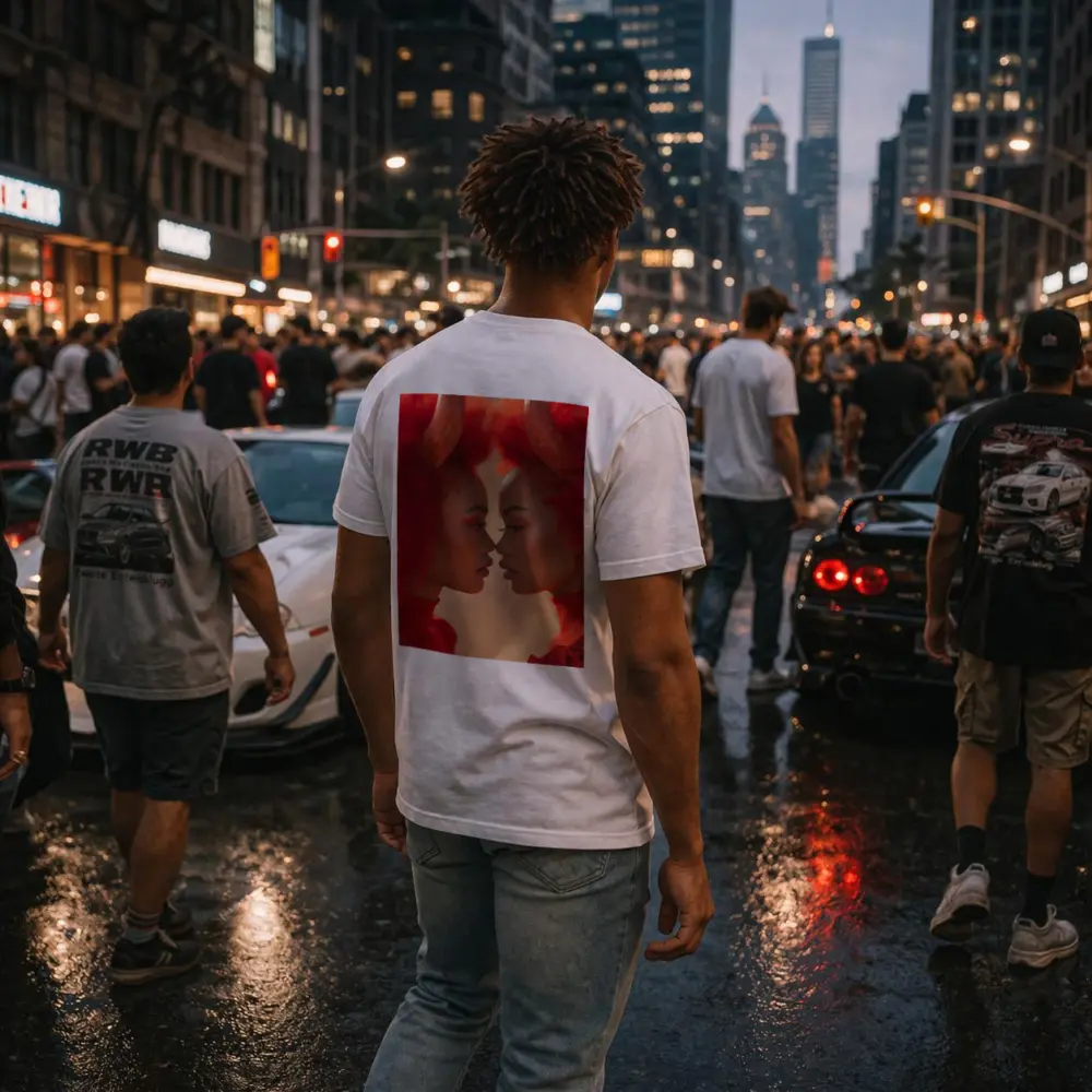 Two Women With Red Horns Facing Close – T-Shirts
