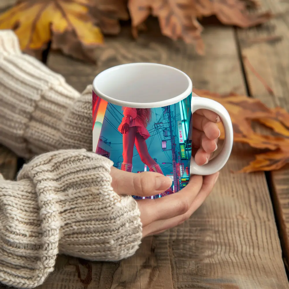 Blonde Woman Neon Tokyo Street Night – Mugs