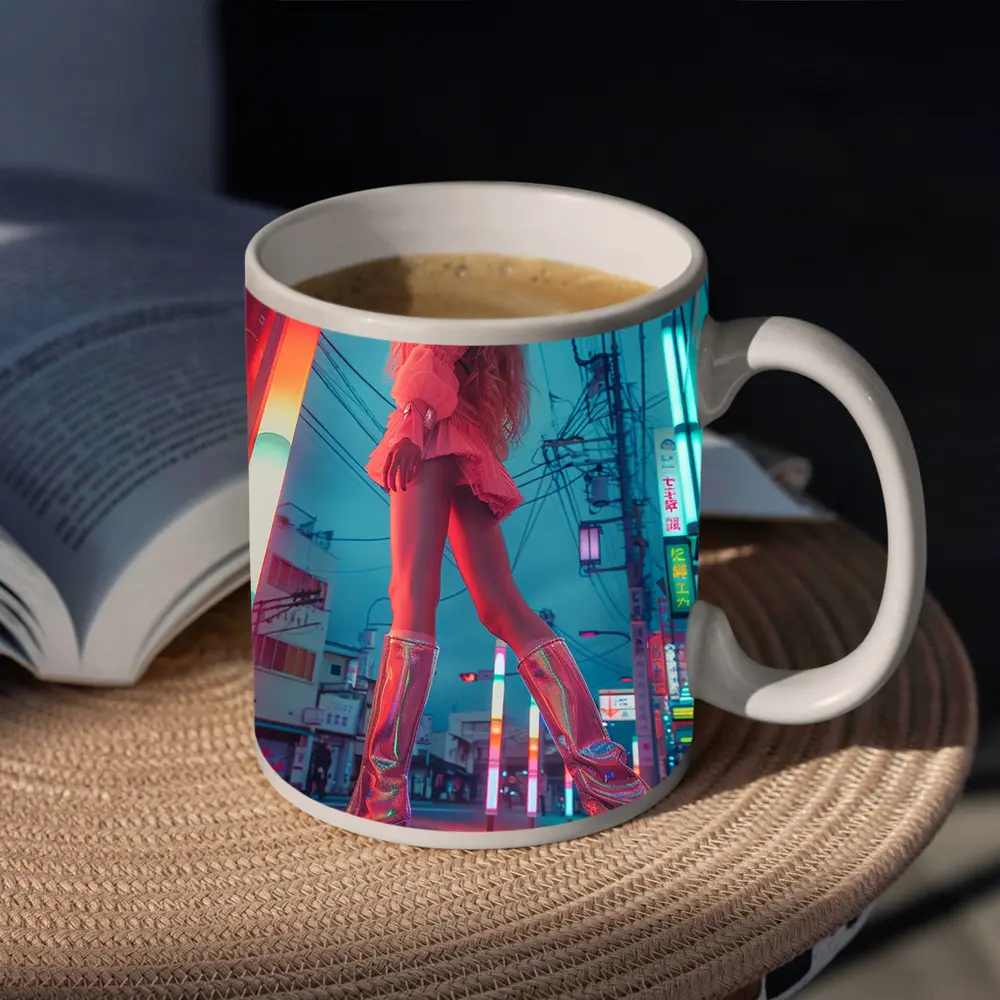 Blonde Woman Neon Tokyo Street Night – Mugs