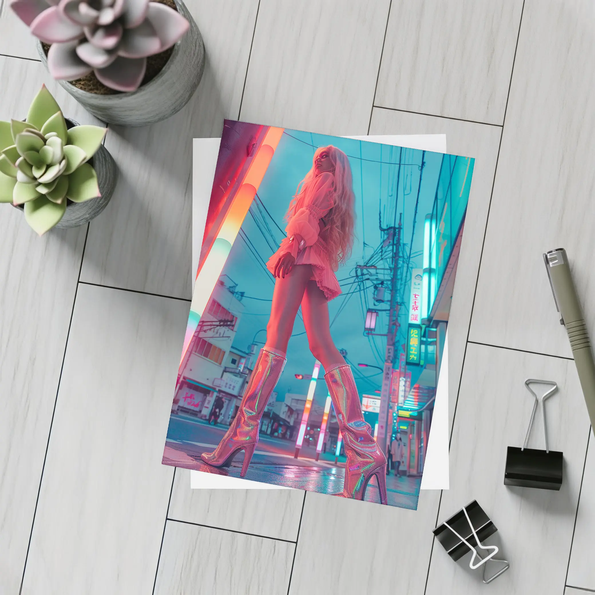 Blonde Woman Neon Tokyo Street Night – Postcards
