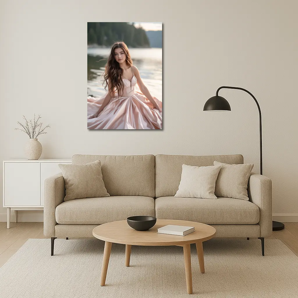 Young Woman Pink Dress Lakeside Forest – Wall Art