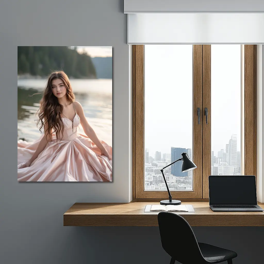 Young Woman Pink Dress Lakeside Forest – Wall Art