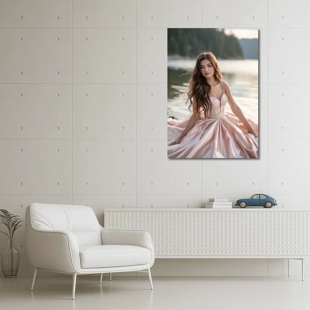 Young Woman Pink Dress Lakeside Forest – Wall Art