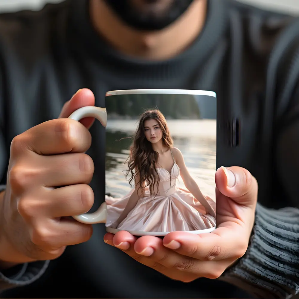 Young Woman Pink Dress Lakeside Forest – Mugs