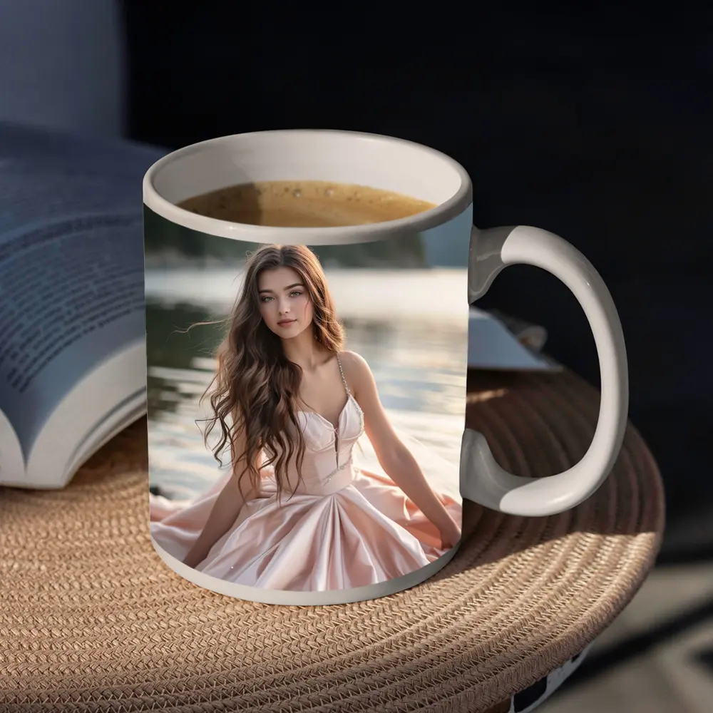 Young Woman Pink Dress Lakeside Forest – Mugs