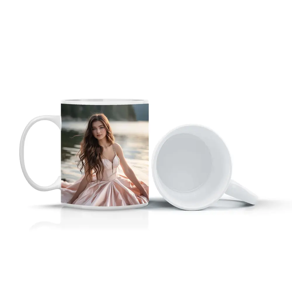 Young Woman Pink Dress Lakeside Forest – Mugs