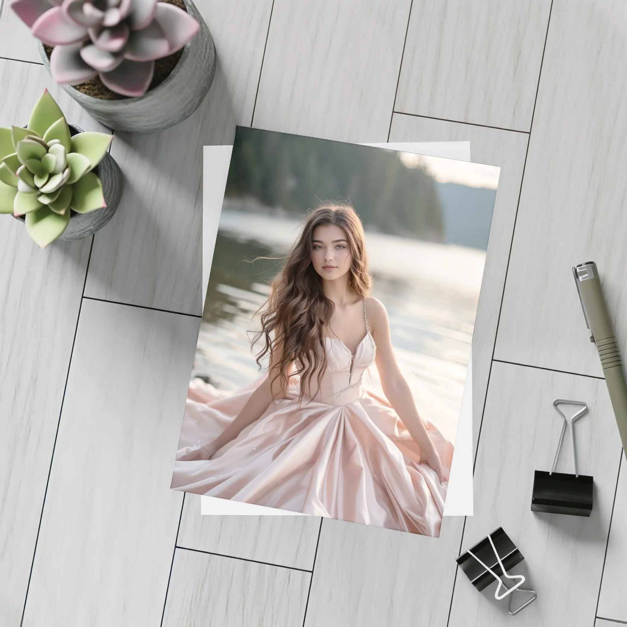 Young Woman Pink Dress Lakeside Forest – Postcards