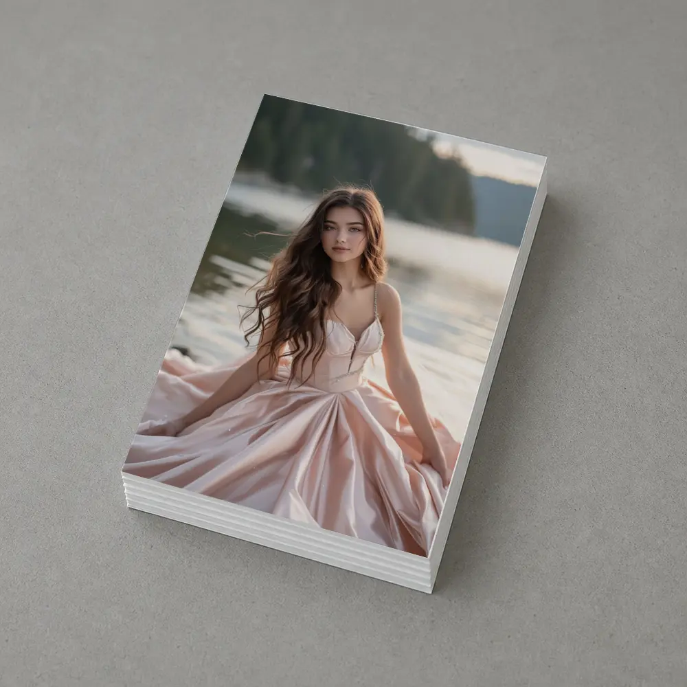 Young Woman Pink Dress Lakeside Forest – Postcards