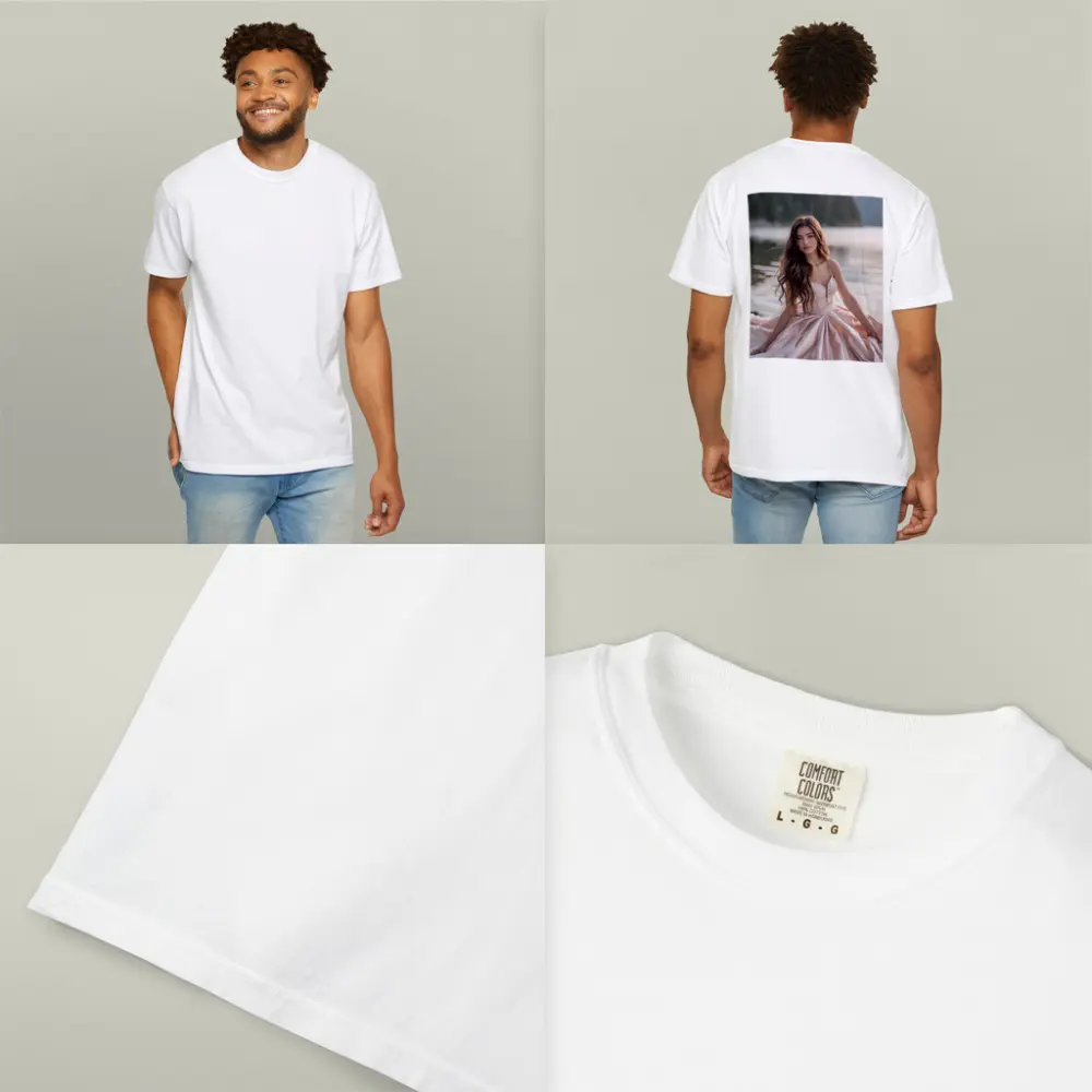Young Woman Pink Dress Lakeside Forest – T-Shirts