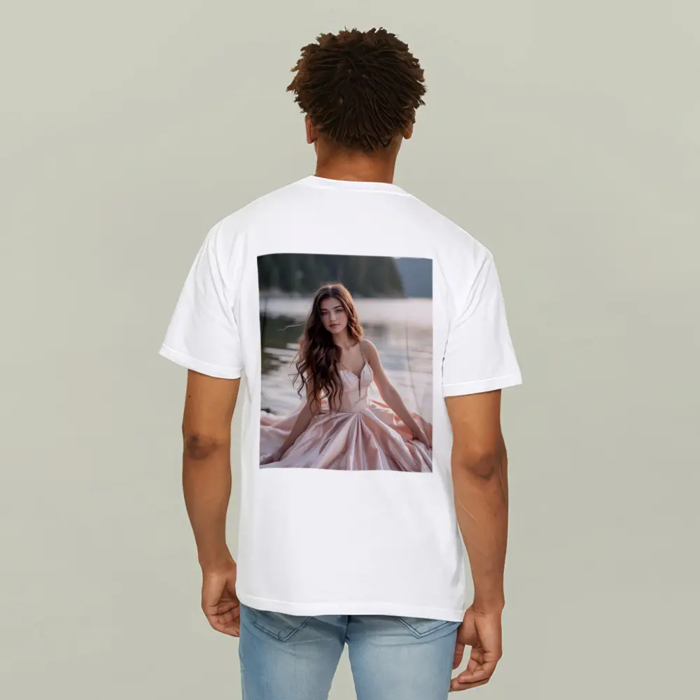 Young Woman Pink Dress Lakeside Forest – T-Shirts