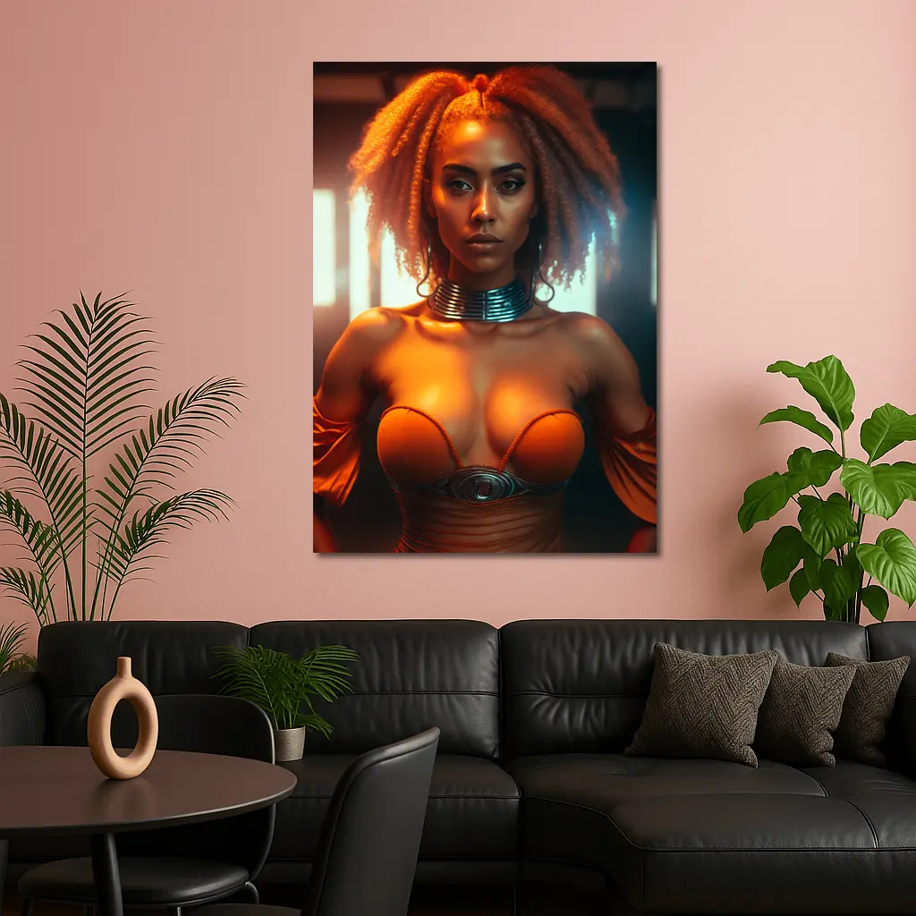 Futuristic Woman Orange Glow Dark Background – Wall Art