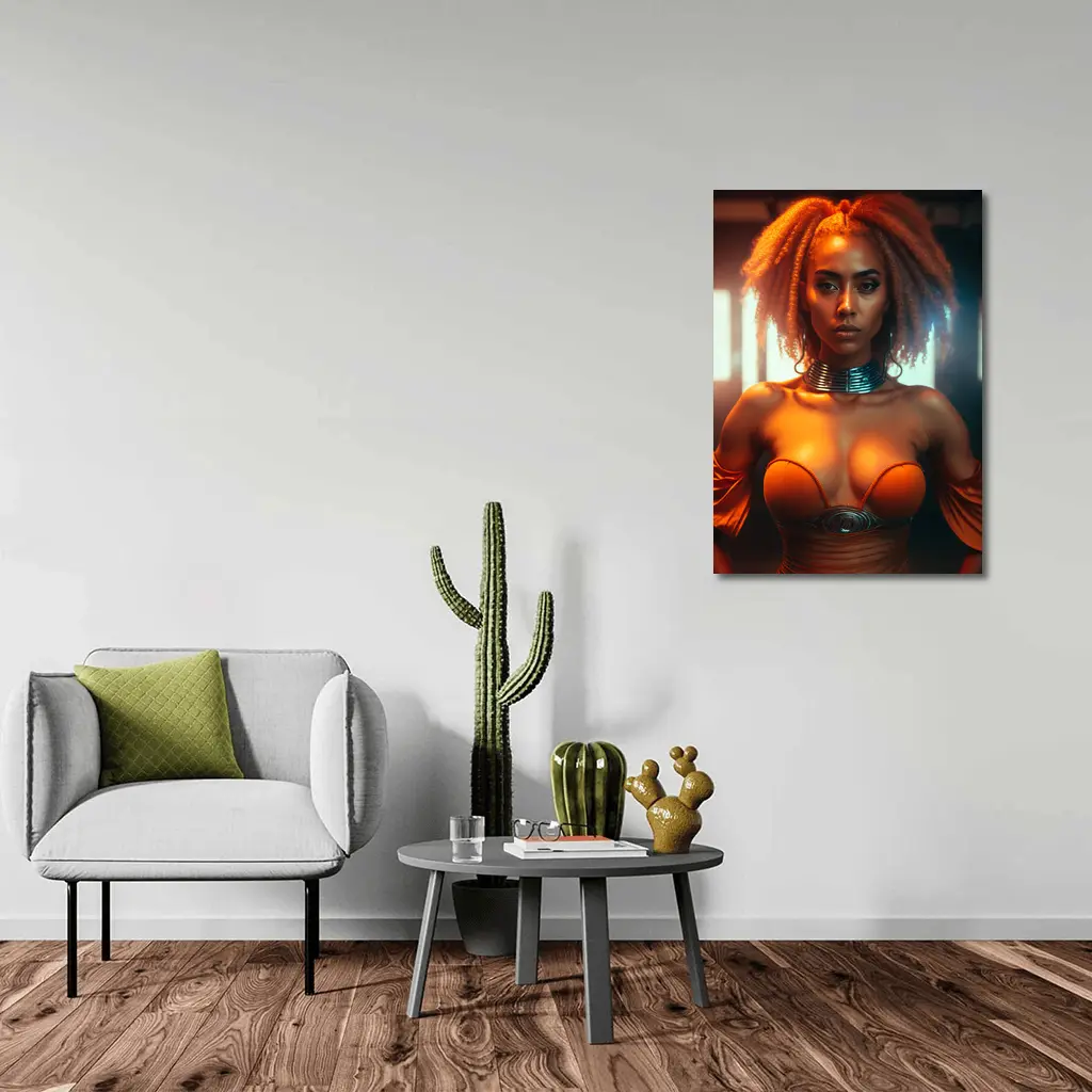 Futuristic Woman Orange Glow Dark Background – Wall Art