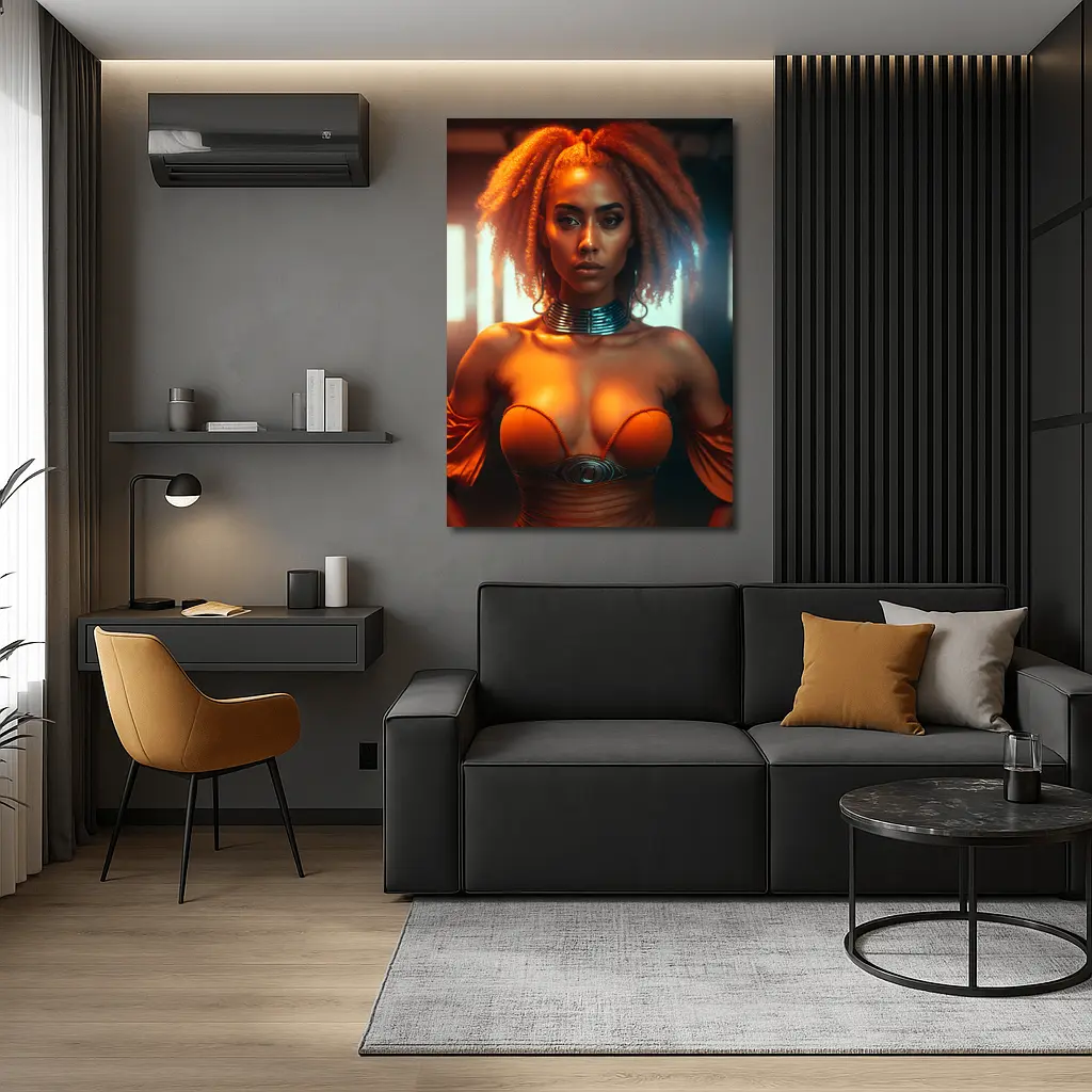 Futuristic Woman Orange Glow Dark Background – Wall Art