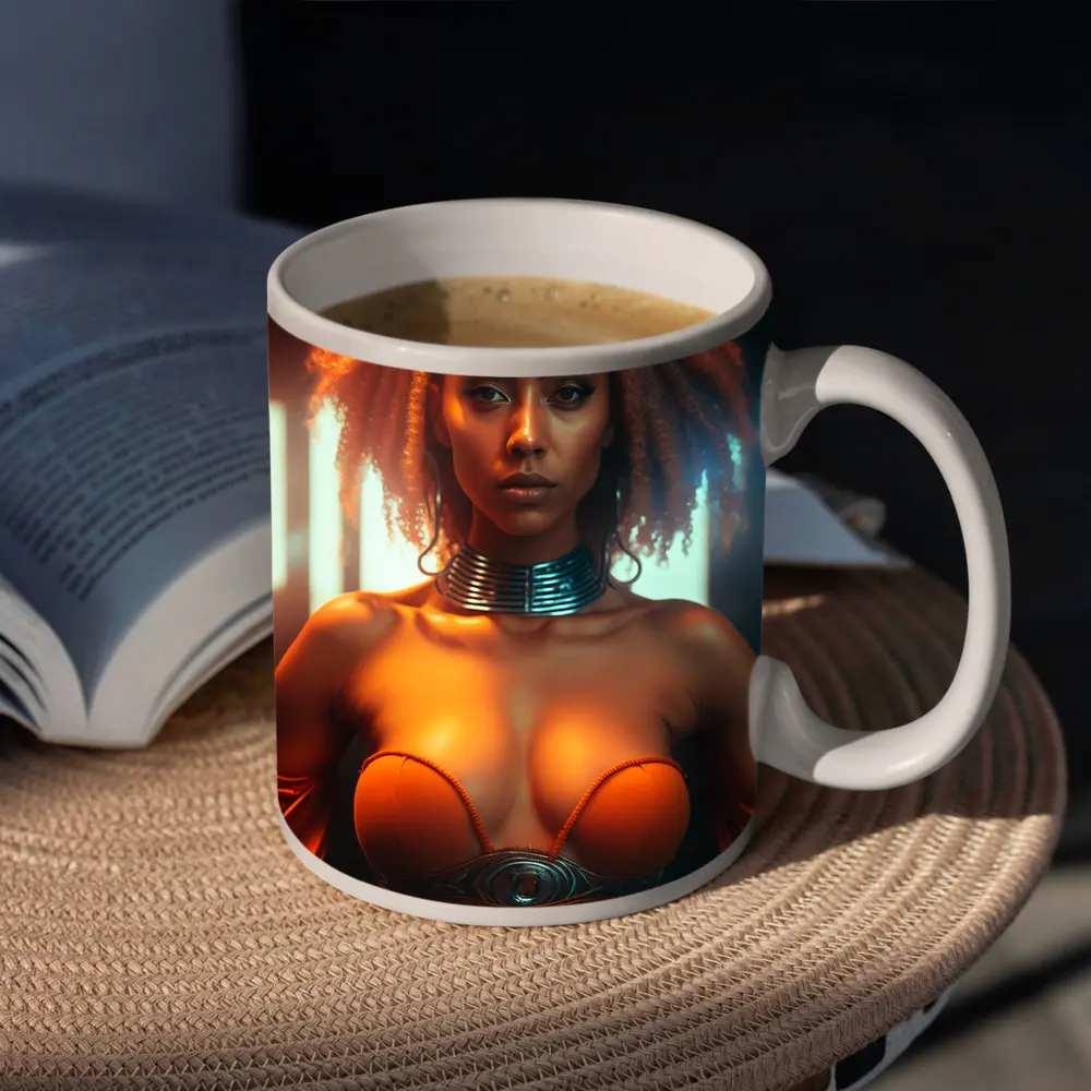 Futuristic Woman Orange Glow Dark Background – Mugs