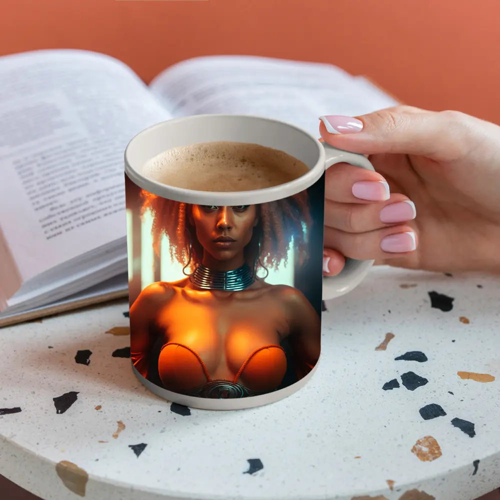 Futuristic Woman Orange Glow Dark Background – Mugs