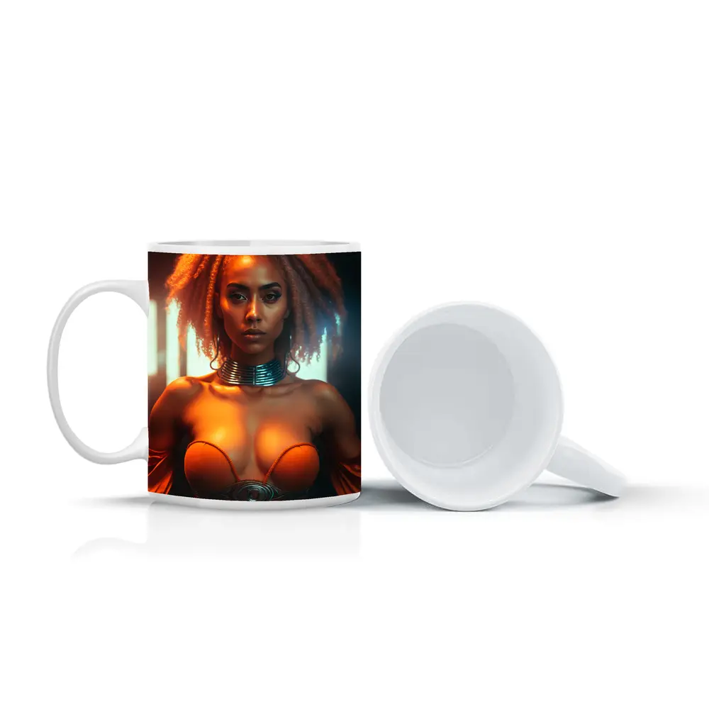 Futuristic Woman Orange Glow Dark Background – Mugs