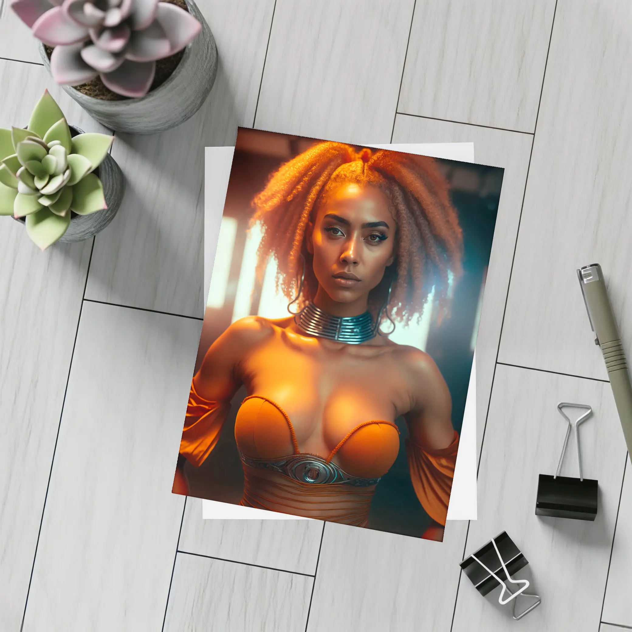 Futuristic Woman Orange Glow Dark Background – Postcards