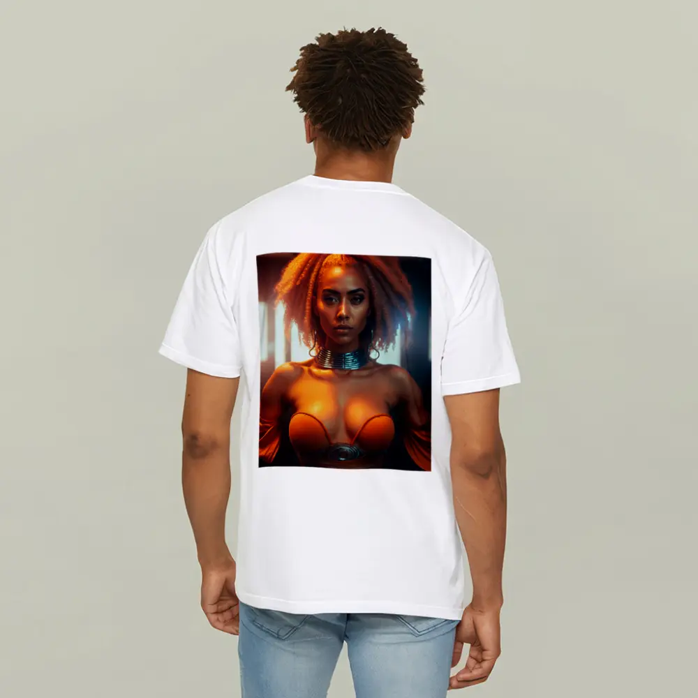 Futuristic Woman Orange Glow Dark Background – T-Shirts