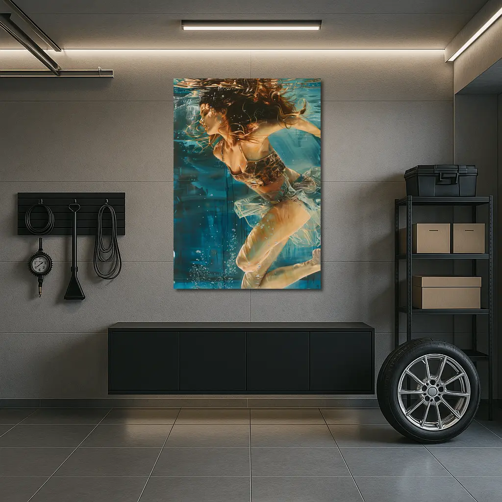 Woman Swimming Underwater Blue Abstract Painting – Wall Art