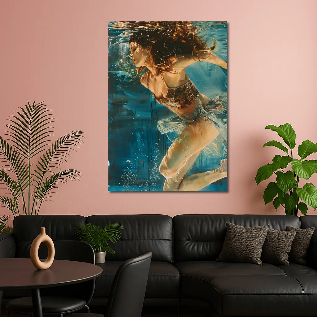 Woman Swimming Underwater Blue Abstract Painting – Wall Art