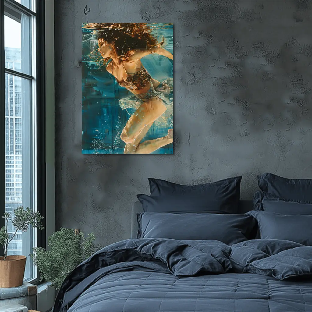 Woman Swimming Underwater Blue Abstract Painting – Wall Art