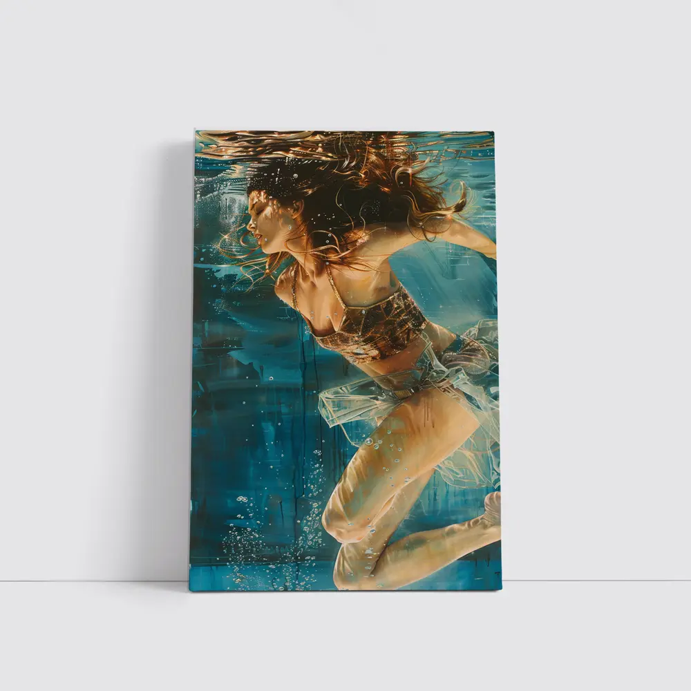 Woman Swimming Underwater Blue Abstract Painting – Wall Art