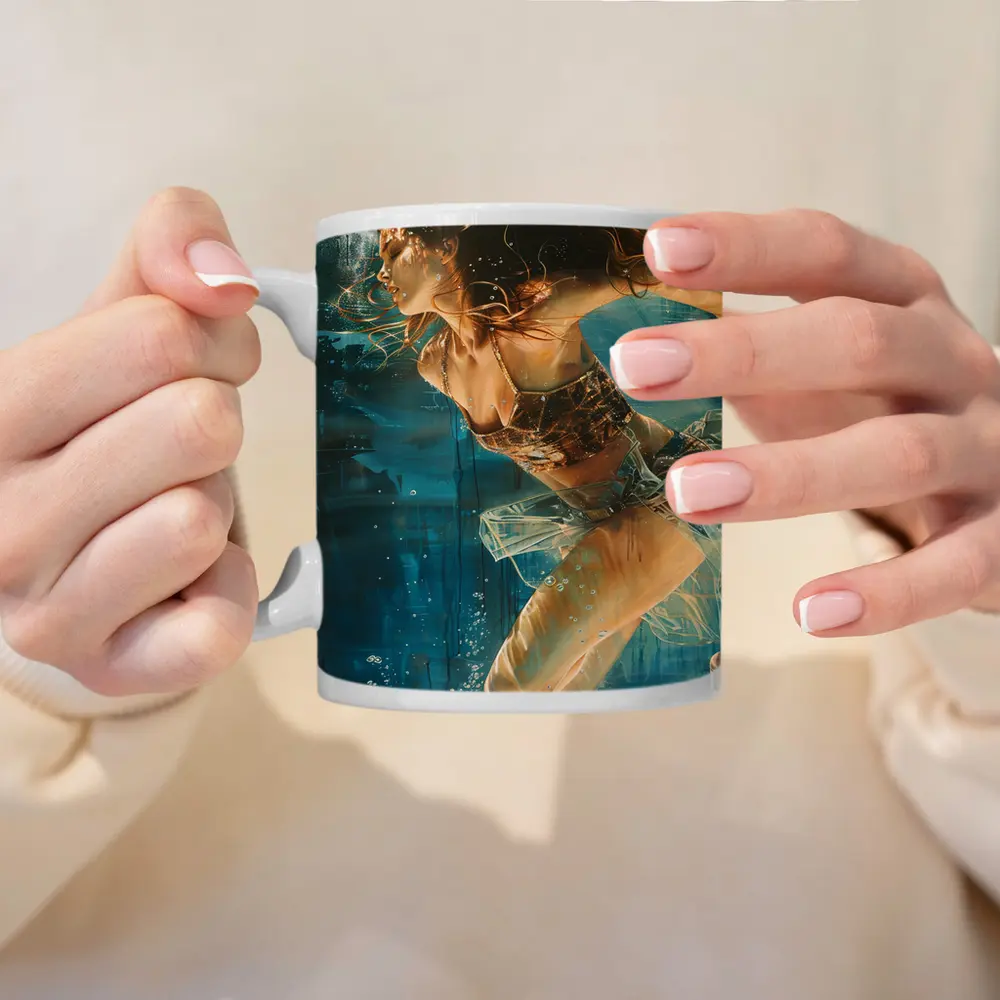 Woman Swimming Underwater Blue Abstract Painting – Mugs