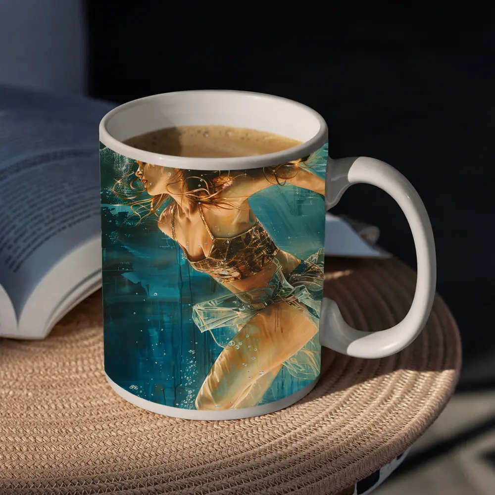 Woman Swimming Underwater Blue Abstract Painting – Mugs