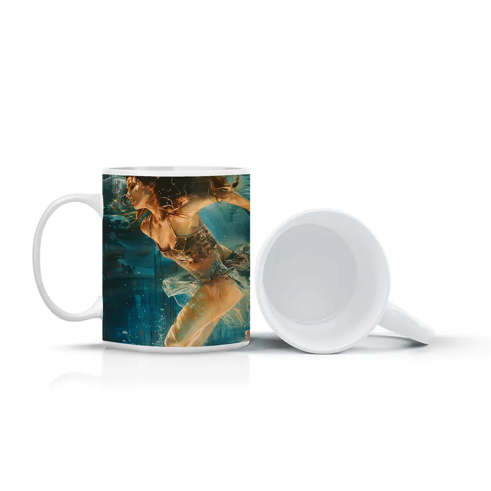 Woman Swimming Underwater Blue Abstract Painting – Mugs