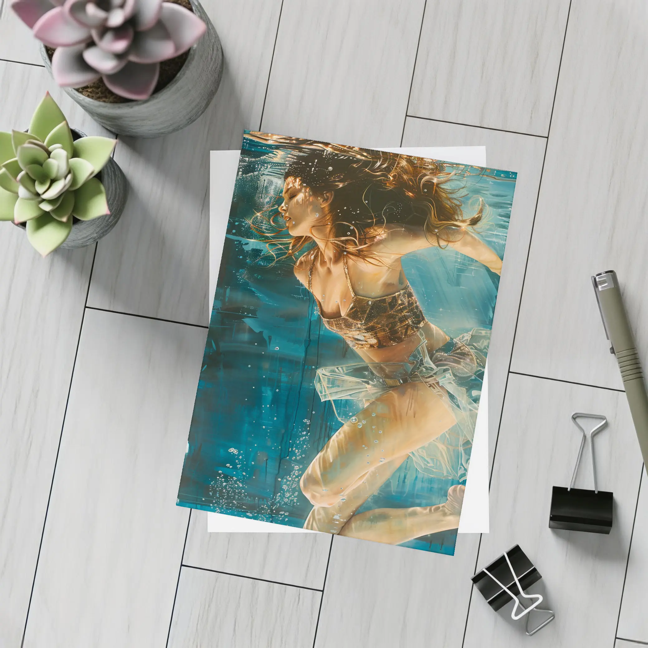 Woman Swimming Underwater Blue Abstract Painting – Postcards